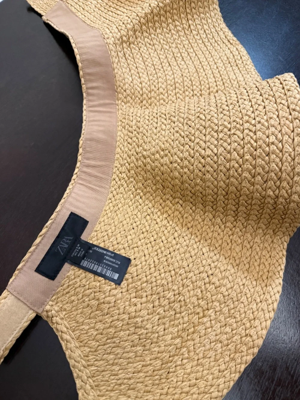 Zara Roll Up Woven Wide Brim Visor Sun Hat Black Band Beige Adjustable Resort OS